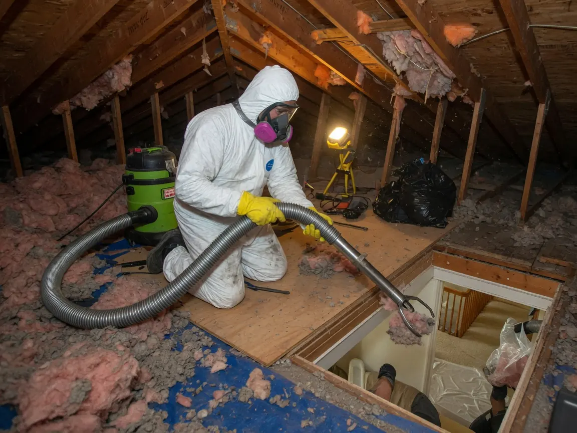Old attic insulation being removed with a vacuum in Tulsa
