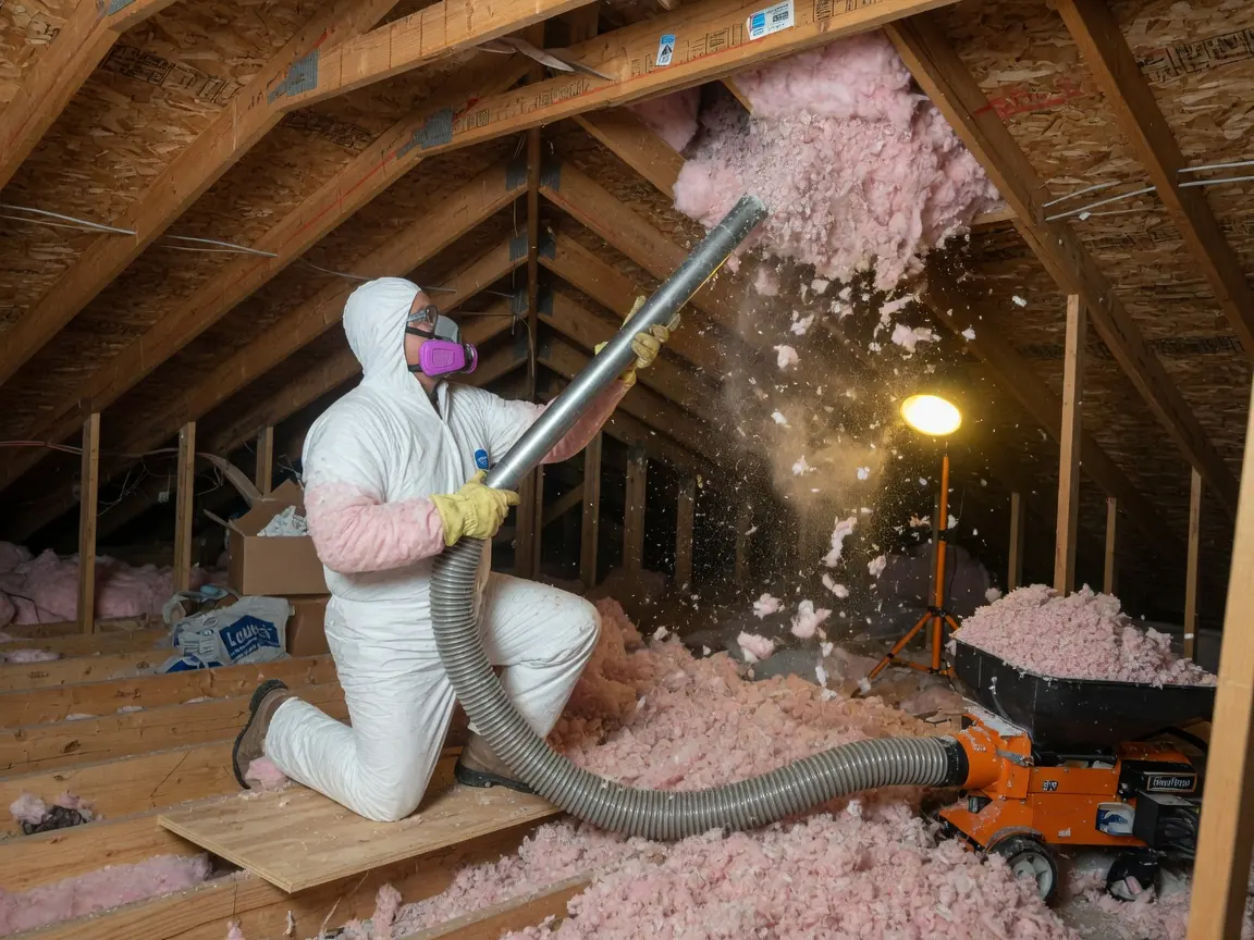 Blown-in loose-fill insulation added to an attic floor in Tulsa
